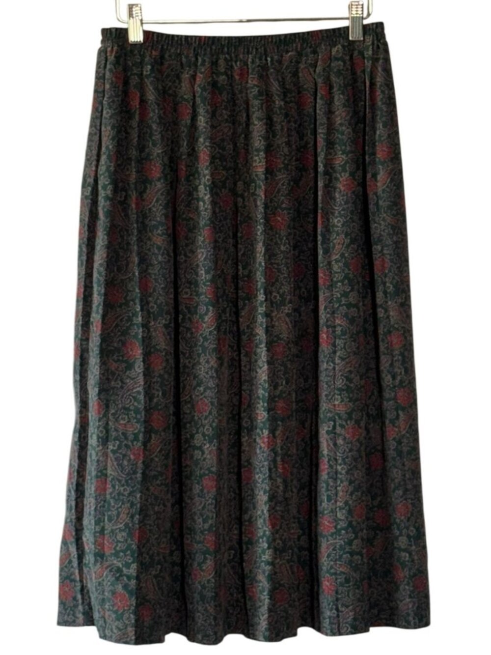 Leslie Fay Pleated Elastic Waist Floral Paisley Maxi Skirt Green & Red - 12